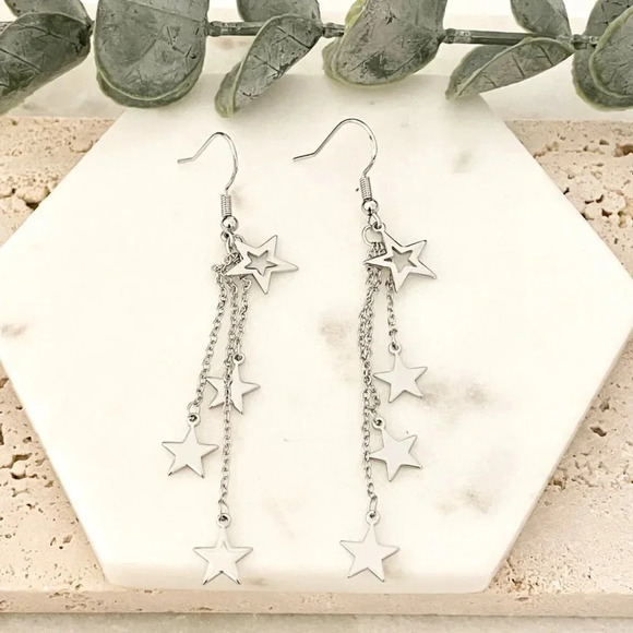 925 Sterling Silver Star Dangle Earrings Long Star Tassel Chain Drop Earrings - Picture 3 of 4